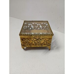 Vintage Hollywood Regency Cherub‎ Ormolu Jewelry Box Beveled Glass Gold Filigree